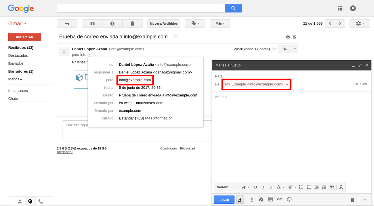 GMail account configured to send to and receive email from our own domain