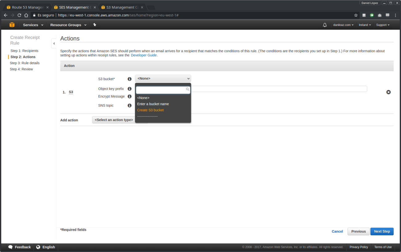 Amazon SES receipt rule action creation