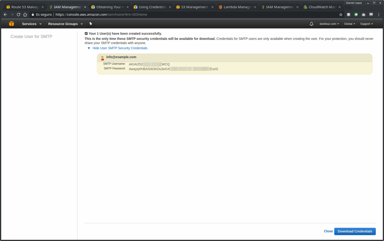 SMTP user credentials created successfully