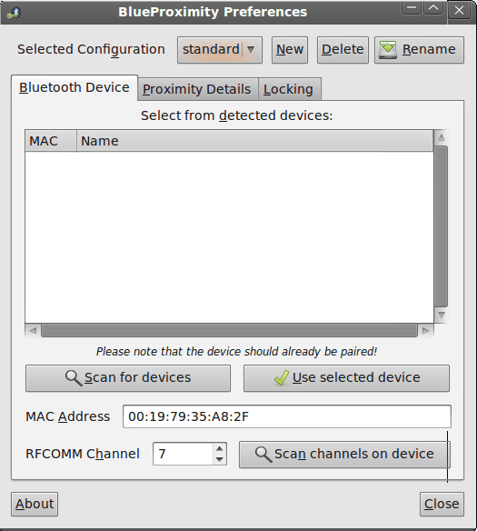 Blueproximity preferences: pairing devices