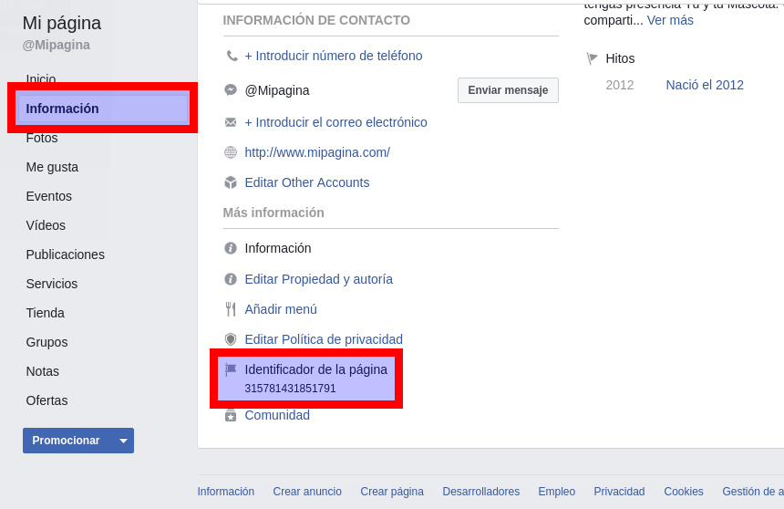 How to get Facebook page identifier - Step 2