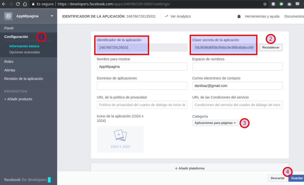 Facebook App administration page