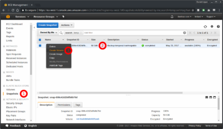 Creación de volúmen a partir de snapshot desde la consola de AWS - Paso 1