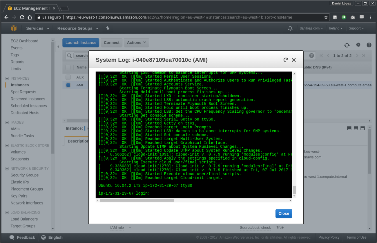 System log of EC2 instance successfully started