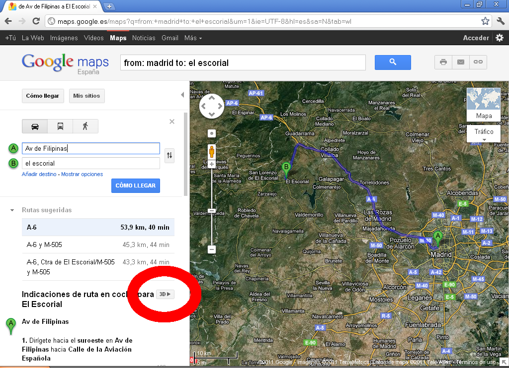 Botón 3D presente en la vista clásica en dos dimensiones de Google Maps