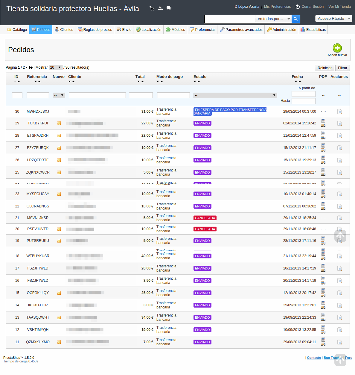 Admin order list with status tracking