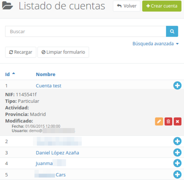 Customer account list on mobile device