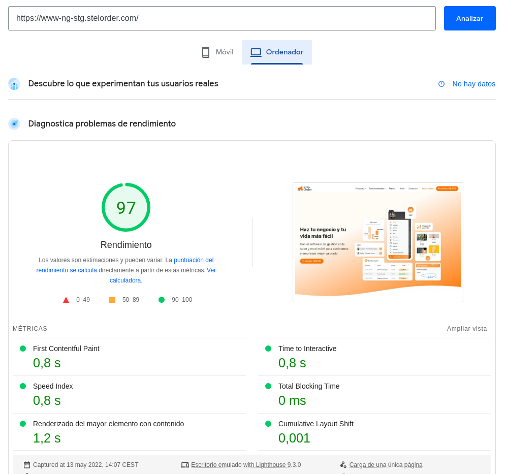 PageSpeed Insights desktop results showing 97/100 performance score