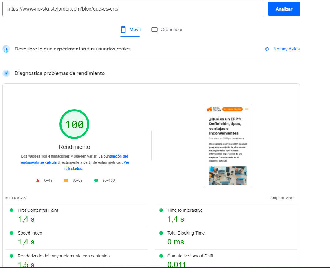 PageSpeed Insights mobile blog post results showing 100/100 performance score