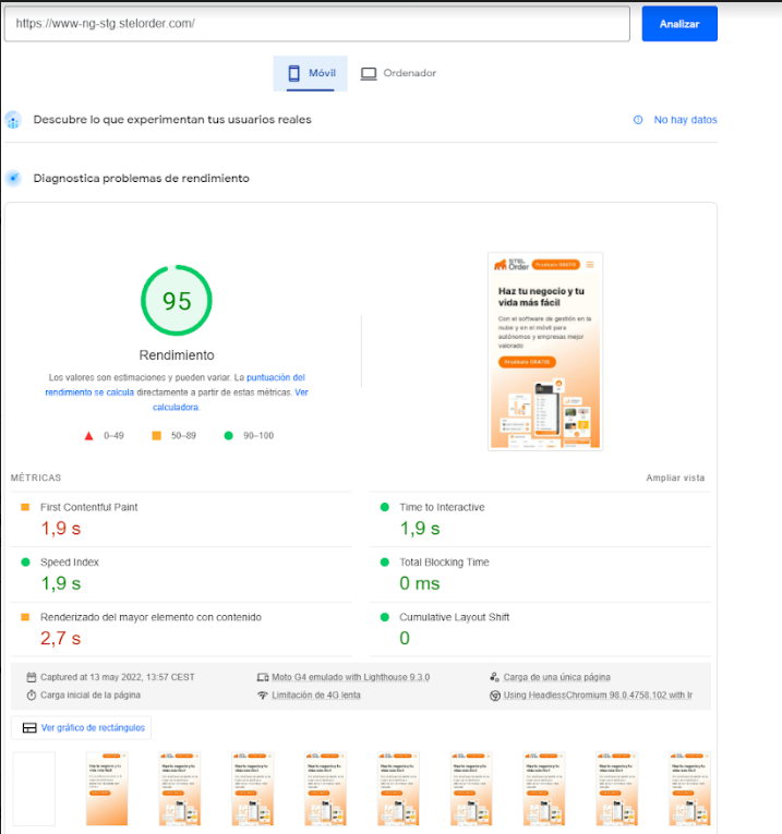 PageSpeed Insights mobile homepage results showing 95/100 performance score