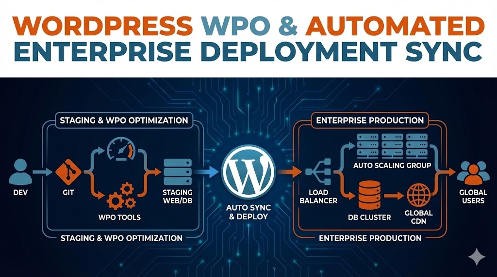 WordPress enterprise deployment automation architecture with automated staging to production synchronization