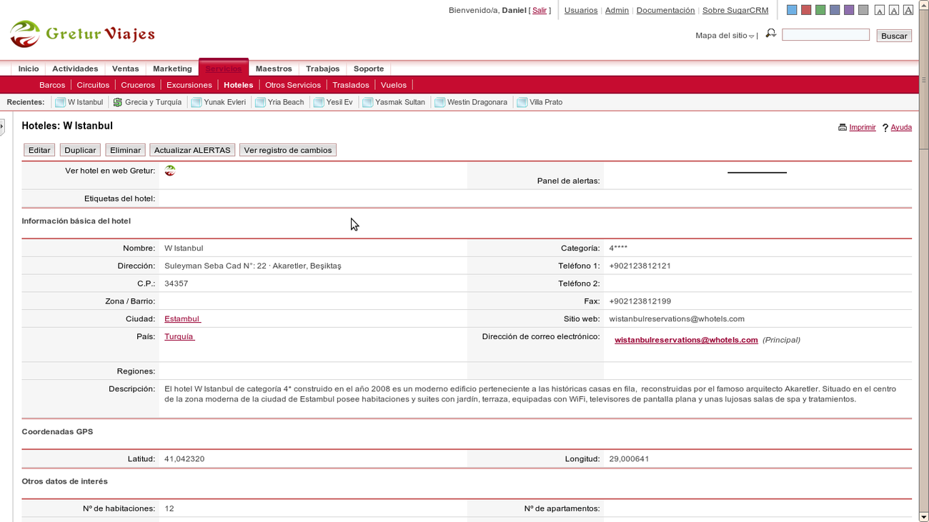 Hotel W Istanbul administration in SugarCRM