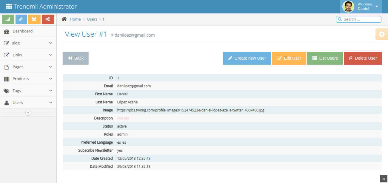User account detail view in admin panel