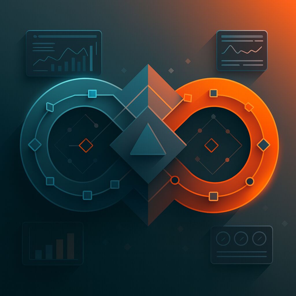 Illustration of the continuous DevOps cycle surrounded by monitoring dashboards